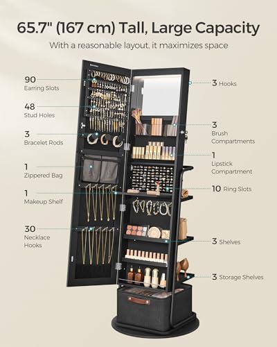 360° Swivel Mirrored Jewelry Cabinet with Lights, Storage Organizer
