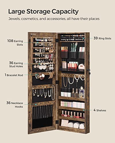 Lockable Jewelry Cabinet with Full-Length Mirror, Textured Brown