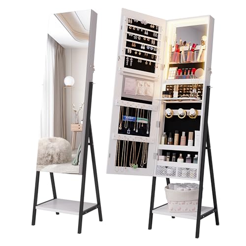 White Lockable Jewelry Armoire with LED Standing Mirror