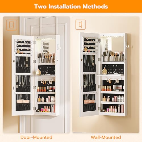 LED Mirror Jewelry Cabinet, Wall/Door Mounted Armoire
