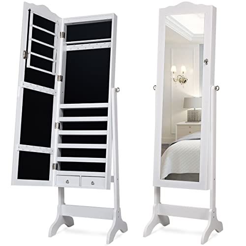 White Jewelry Armoire Organizer with Mirror and LEDs