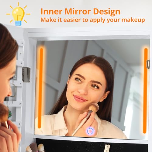 Mirrored Swivel Jewelry Cabinet with LED Lights, White