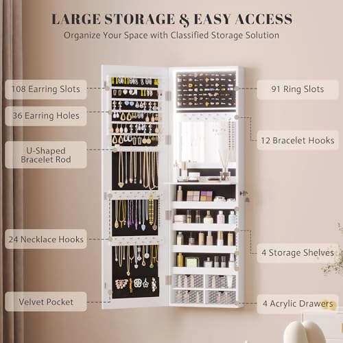 47.2" LED Jewelry Mirror Cabinet with Storage Organizer