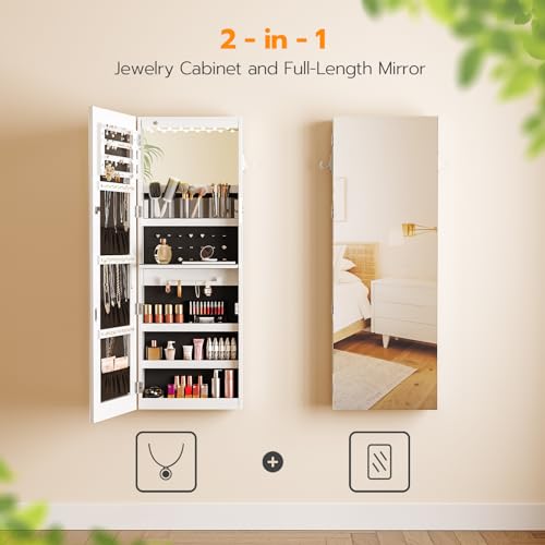 LED Mirror Jewelry Cabinet, Wall/Door Mounted Armoire