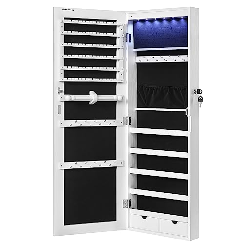 White Wall-Mounted Jewelry Cabinet with LED Lights & Mirror