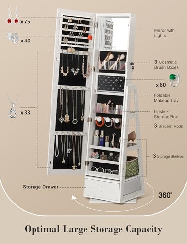 360° Swivel Jewelry Cabinet with Lights and Mirror