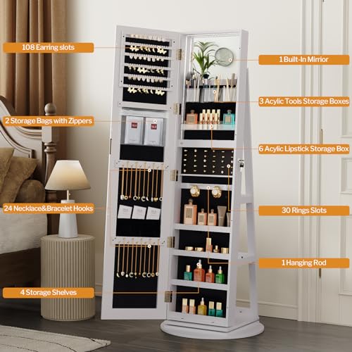 SICOTAS Jewelry Cabinet with Storage and Rotating Mirror