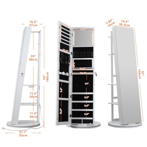 Mirrored Swivel Jewelry Cabinet with LED Lights, White