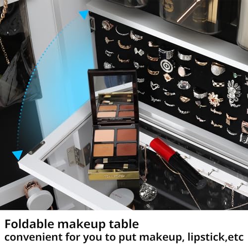 Mirrored Swivel Jewelry Cabinet with LED Lights, White