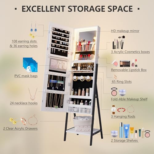 White Lockable Jewelry Armoire with LED Standing Mirror