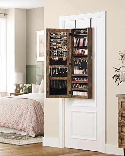 Lockable Jewelry Cabinet with Full-Length Mirror, Textured Brown