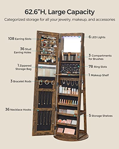Rustic Brown Jewelry Armoire with LED Mirror Organizer