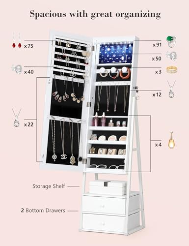 White jewelry cabinet armoire with lockable standing mirror