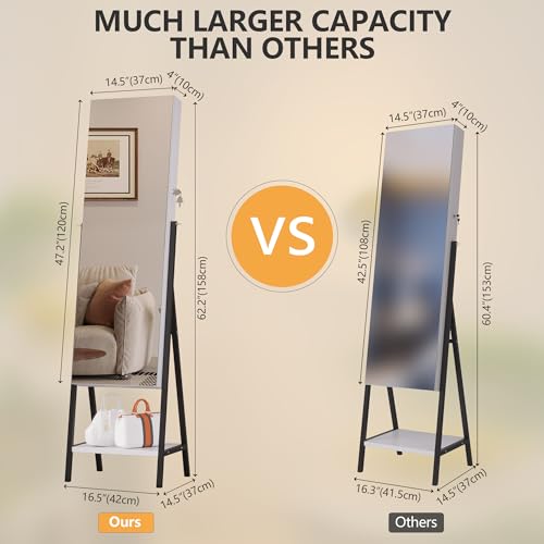 White Lockable Jewelry Armoire with LED Standing Mirror