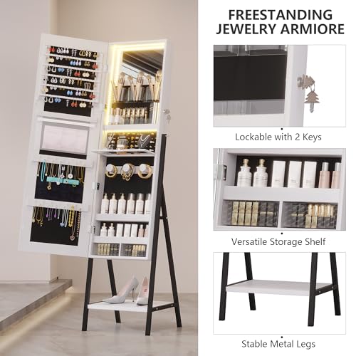 White Lockable Jewelry Armoire with LED Standing Mirror