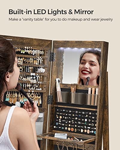 Rustic Brown Jewelry Armoire with LED Mirror Organizer