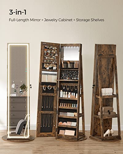 Rustic Brown Jewelry Armoire with LED Mirror Organizer