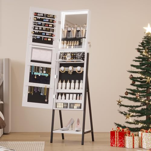White Lockable Jewelry Armoire with LED Standing Mirror