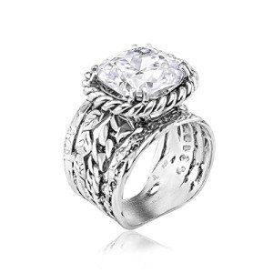 Sterling Silver Vintage Leaf Ring with Zirconia