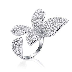 Silver Butterfly Double Finger Ring with CZ Flowers