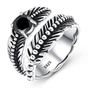 Sterling Silver Adjustable Black Onyx Feather Ring