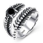 Sterling Silver Adjustable Black Onyx Feather Ring
