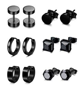 Jstyle 6 Pairs Black Stainless Steel Stud Earrings