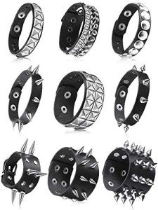9-Piece Black Leather Spiked Studded Bracelet Set