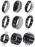 9-Piece Black Leather Spiked Studded Bracelet Set
