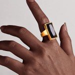 Vintage Gold-Plated Black Glass Cocktail Ring for Women