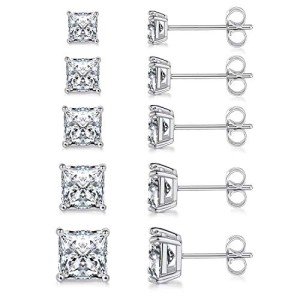 18K White Gold Princess Cut CZ Stud Earrings Set