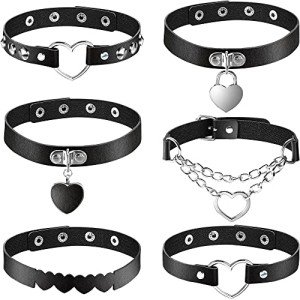 6-Piece Heart Shaped Goth Leather Choker Set