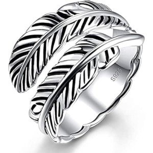 Adjustable 925 Sterling Silver Feather Stacking Ring