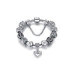 Silver Heart Charm Bracelet with Crystal Beads