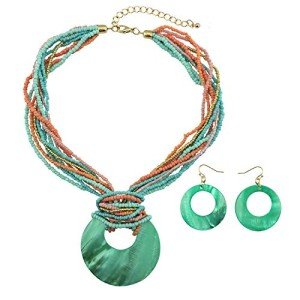 Colorful Beaded Multi Strand Necklace with Shell Pendant