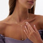 Dainty Gold Lariat Necklace with Teardrop Charm