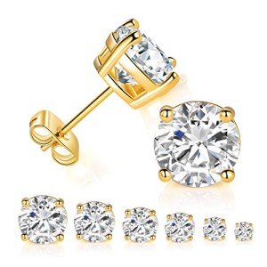 6 Pairs Yellow Gold Plated CZ Stud Earrings