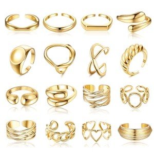 16Pcs Adjustable Gold Chunky Rings for Women