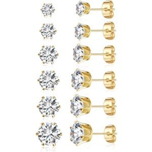 Trendy 6-Pair Gold CZ Stud Earrings Set