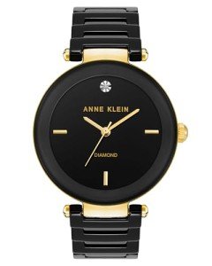 Anne Klein Black Ceramic Bracelet Watch with Diamonds