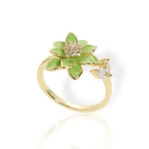 Green Daisy Flower Adjustable Gold Ring for Women