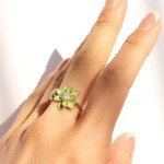 Green Daisy Flower Adjustable Gold Ring for Women