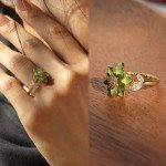 Green Daisy Flower Adjustable Gold Ring for Women