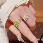 Green Daisy Flower Adjustable Gold Ring for Women