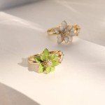 Green Daisy Flower Adjustable Gold Ring for Women