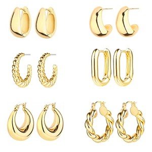 14K Gold Chunky Hoop Earrings Set for Women