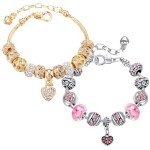 2 Pack Pink & Gold Heart Charm Bracelets