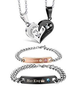 Couple's Heart Pendant Necklace and Bracelet Set