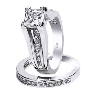 MABELLA Sterling Silver Princess Cut Engagement Ring Set