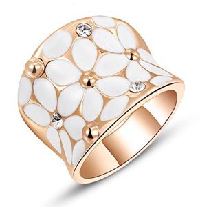 Elegant Rose Gold Flower Ring with White Enamel